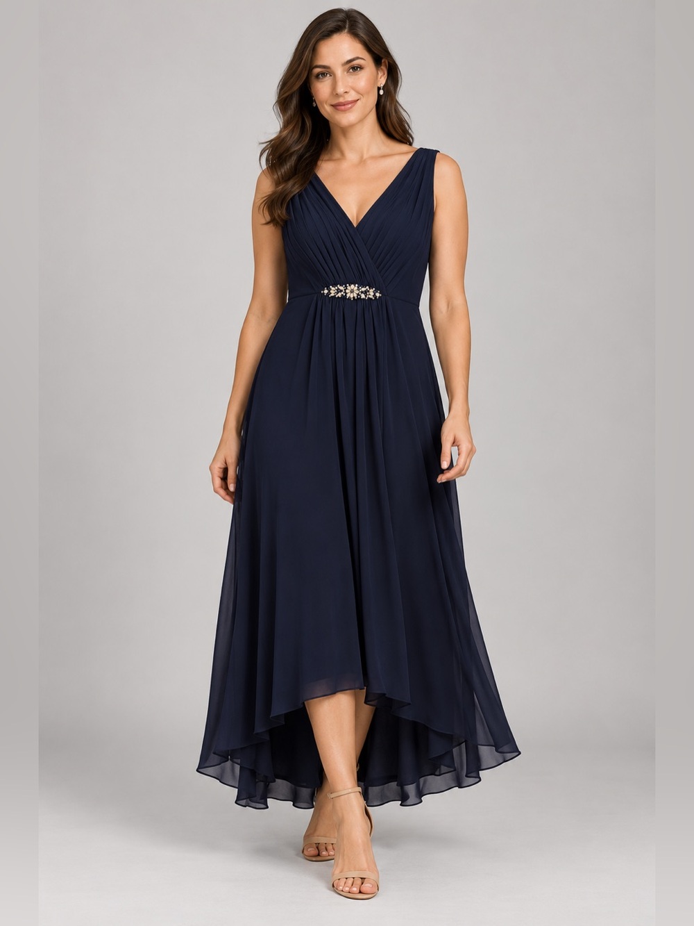 Eliza J Navy Embellished High Low Chiffon Dress Size 10 NWT